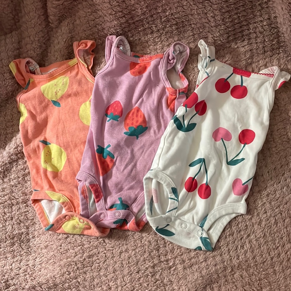 3 Carter’s Summer time fruit onesies
